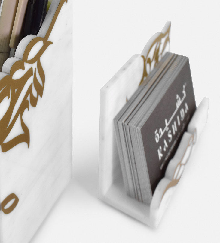 Small marble acrylic card holder for desk in Arabic graffiti print