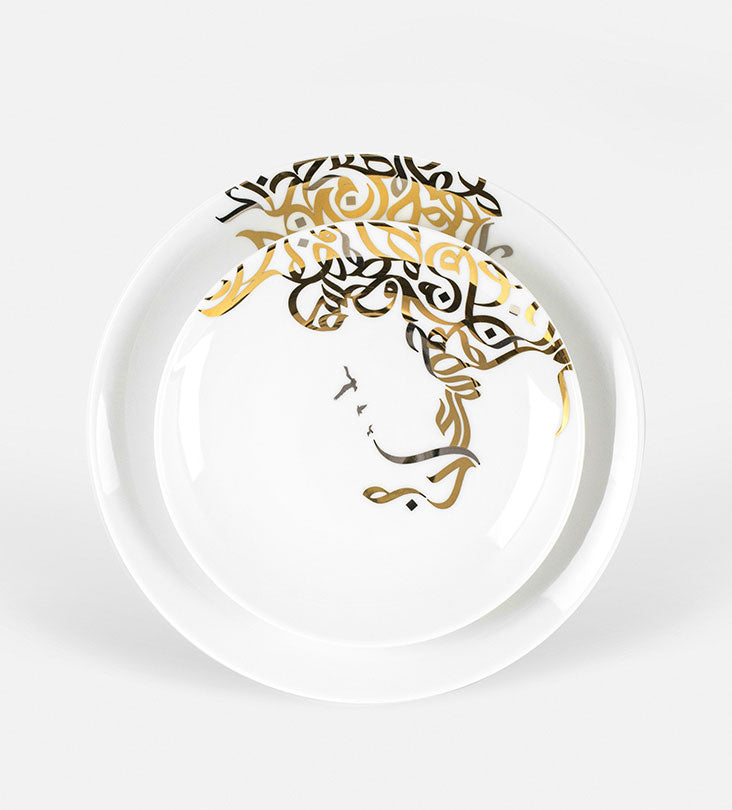 Contemporary gold and silver porcelain salad plate with Arabic graffiti print