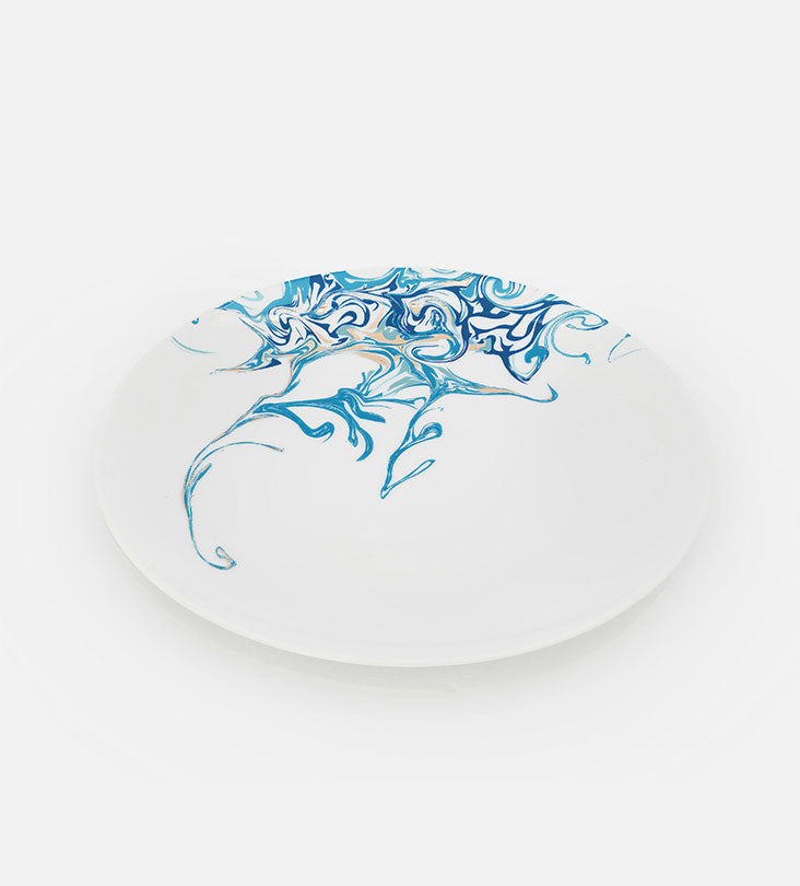 Contemporary porcelain dinner plate with Arabic calligraphy fluid art