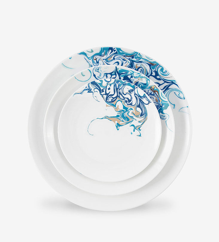 Contemporary porcelain dinner plate with Arabic calligraphy fluid art