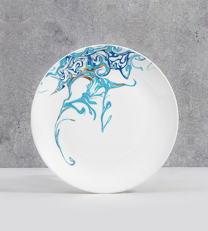 Contemporary porcelain dinner plate with Arabic calligraphy fluid art