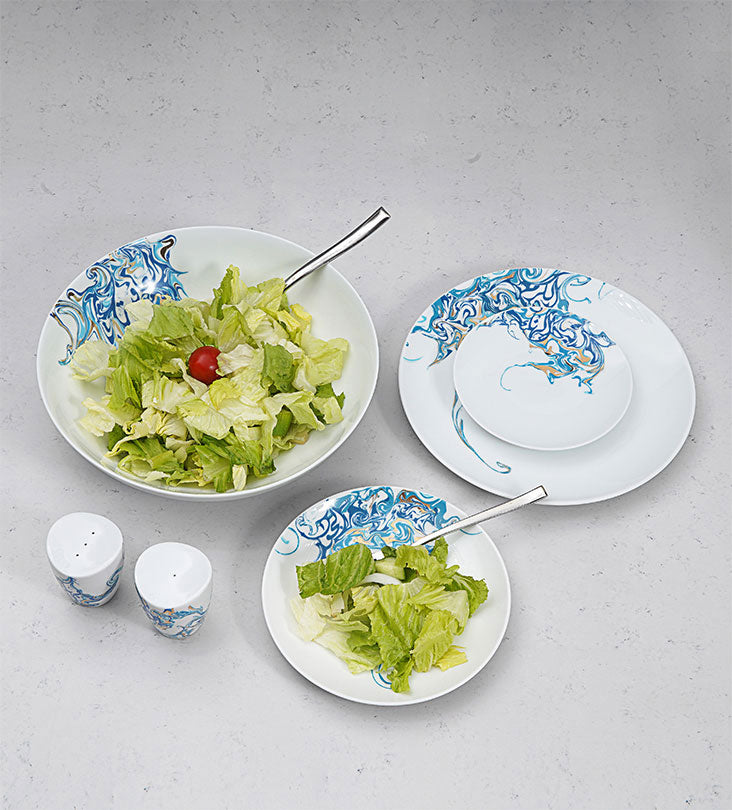 Contemporary porcelain salad plate with Arabic calligraphy fluid art