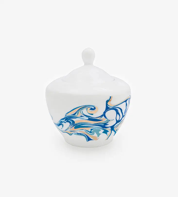 Contemporary sugar bowl for tea set with Arabic calligraphy fluid art