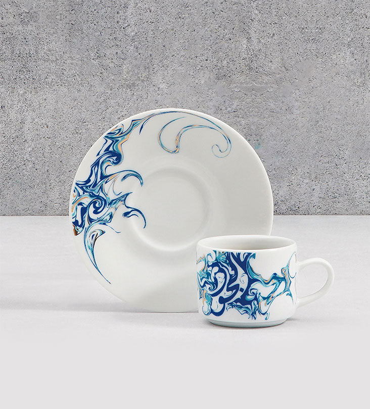 Contemporary porcelain espresso cups with Arabic calligraphy fluid art