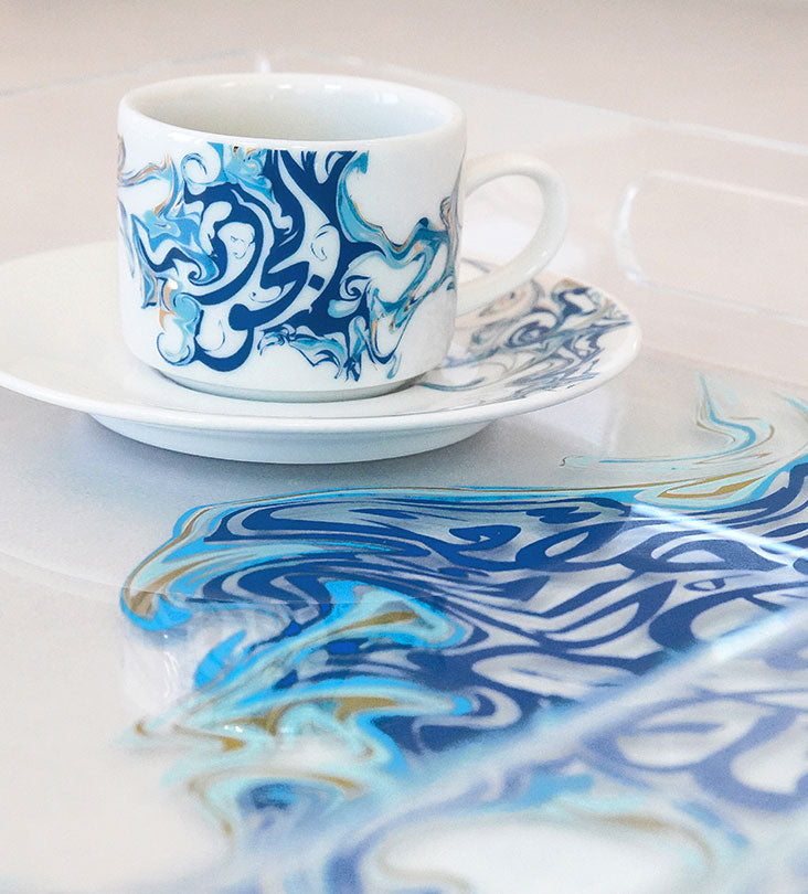 Contemporary porcelain espresso cups with Arabic calligraphy fluid art