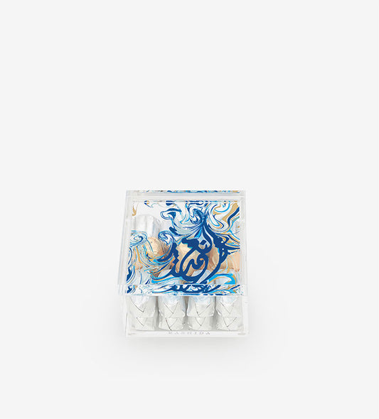 Contemporary transparent acrylic storage box with Arabic calligraphy fluid art