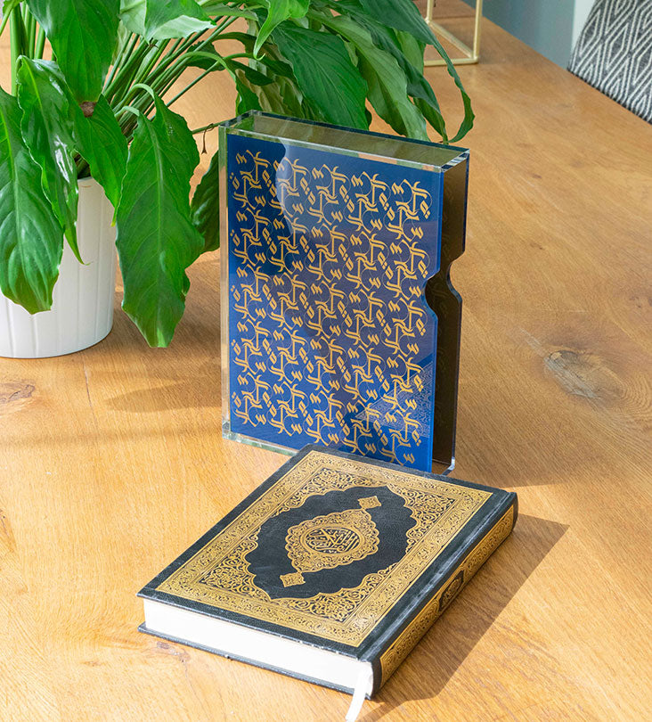 Acrylic holder for the holy quran featuring Arabic calligraphy pattern