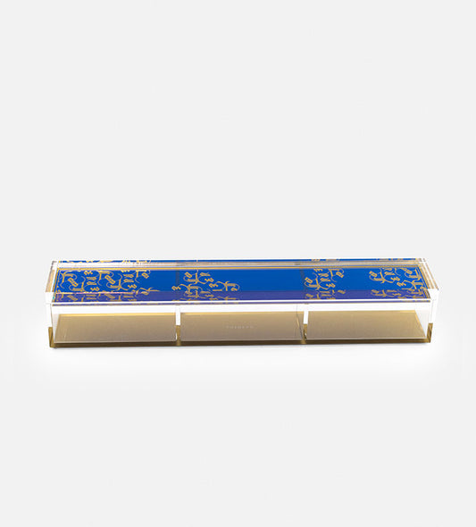 Rectangular printed Acrylic divided box in royal blue and gold with Arabic calligraphy pattern