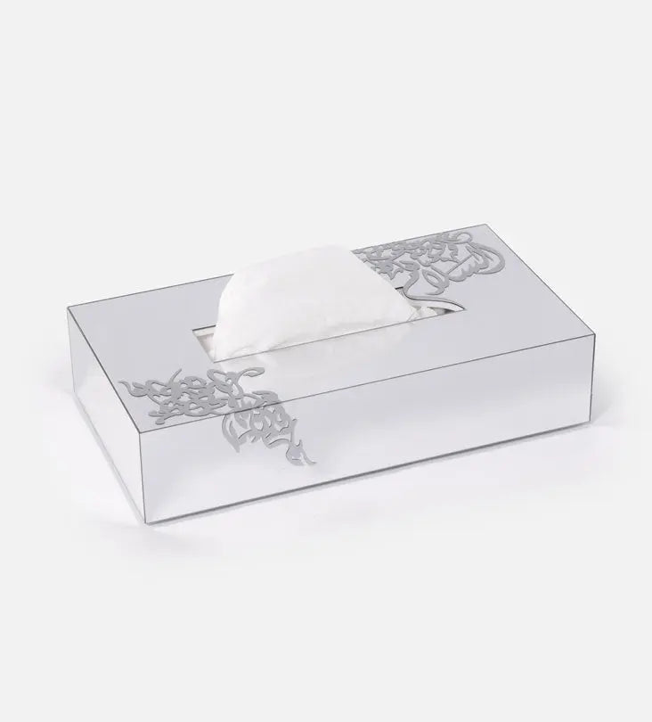 Mirror finish tissue box with modern Arabic calligraphy by Kashida