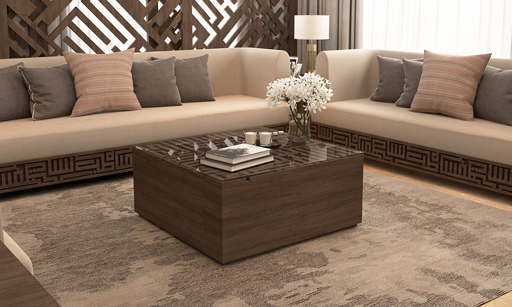 Arabic calligraphy furniture by Kashida designed within a modern majlis living room design