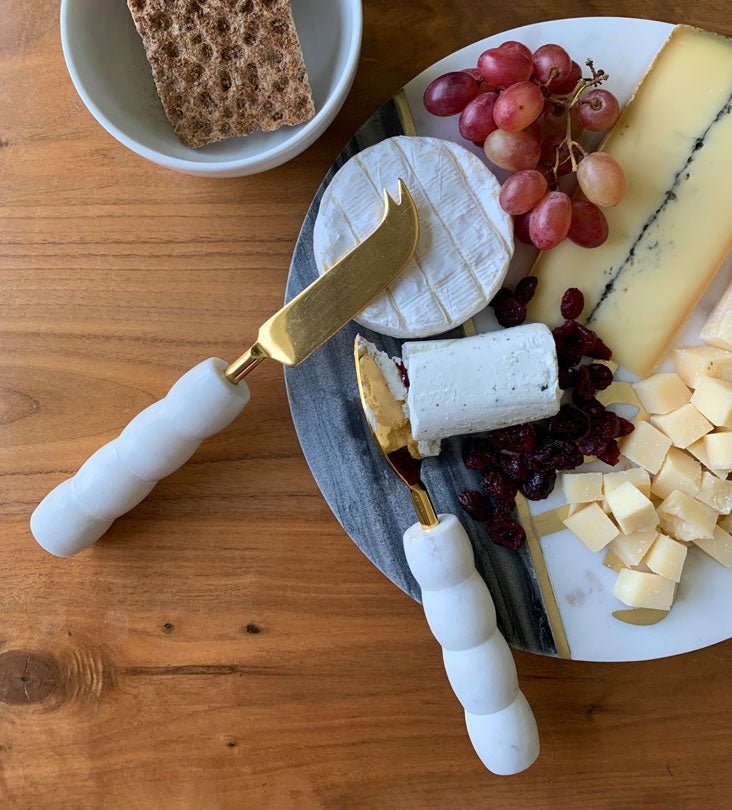 White marble and brass cheese knives by Kashida to complement Moments Cheese Board