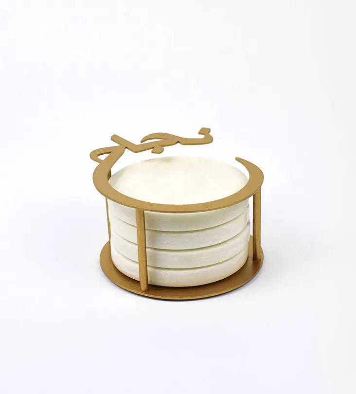 Set of four natural marble coasters in a steel holder decorated with Arabic calligraphy designed by Kashida