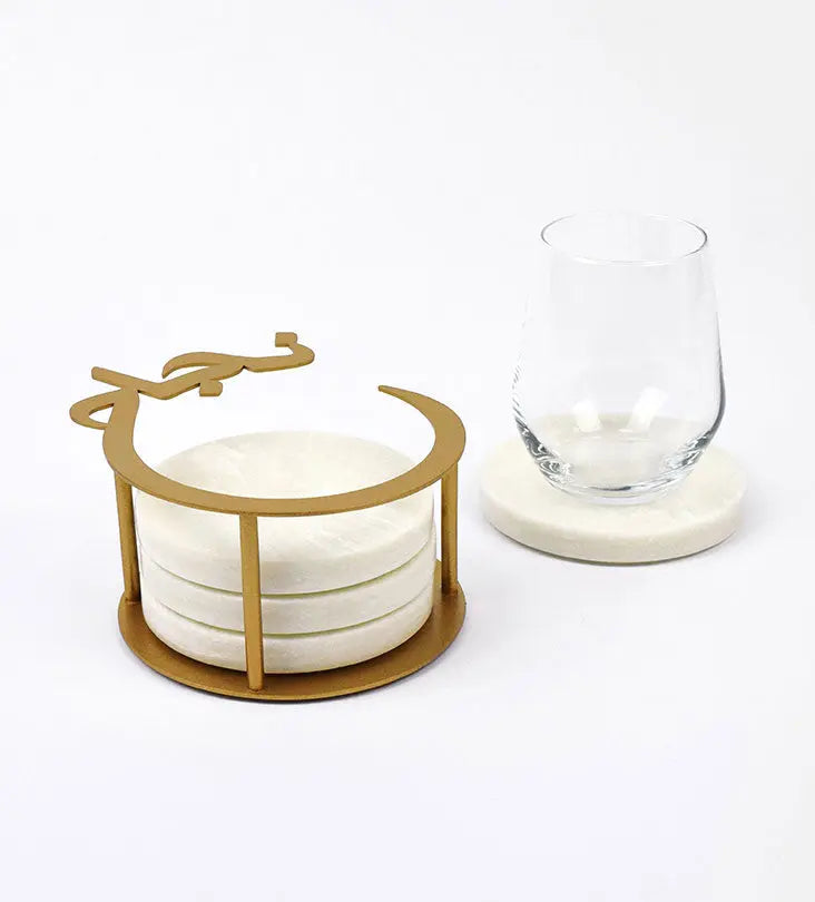 Set of four natural marble coasters in a steel holder decorated with Arabic calligraphy designed by Kashida