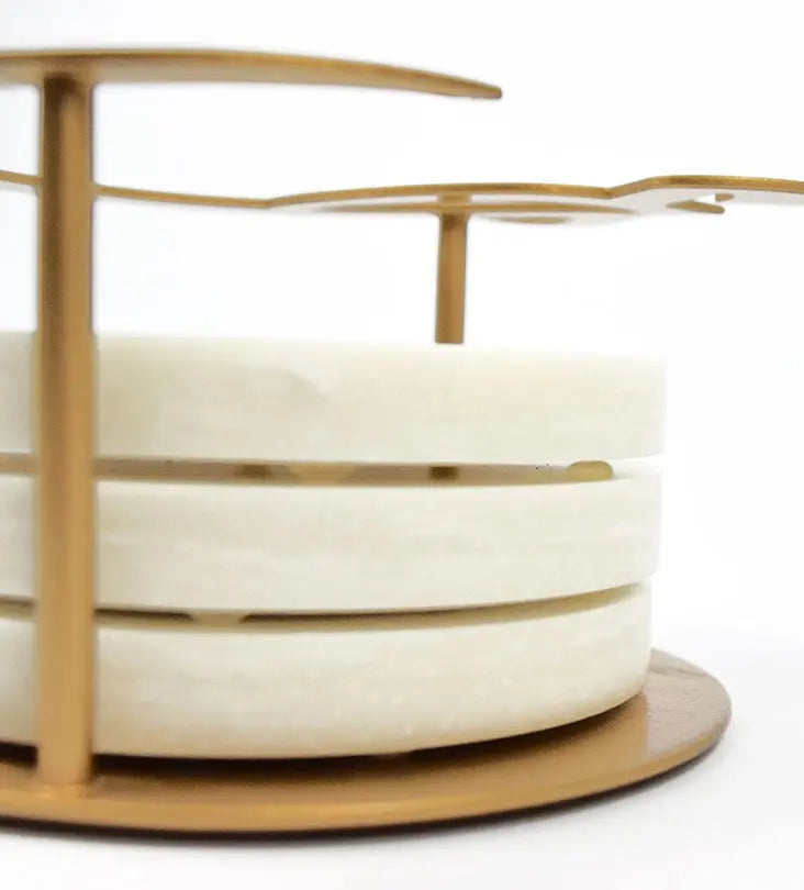 Set of four natural marble coasters in a steel holder decorated with Arabic calligraphy designed by Kashida