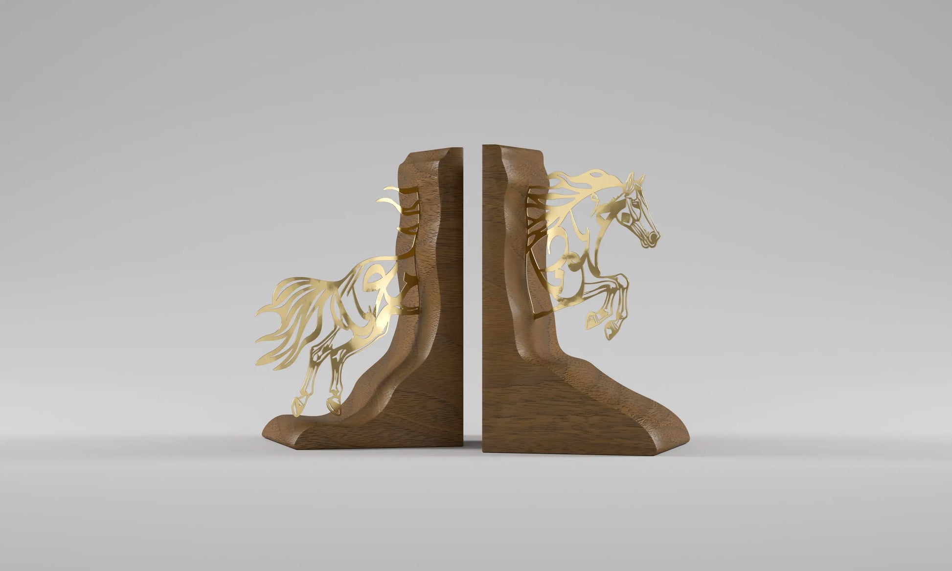 Set of two luxury bookends in the shape of an arabian horse covered with Arabic calligraphy designed by Kashida 			
