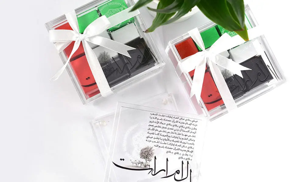 A selection of Kashida Design Studio's VIP corporate gifts celebrating UAE national day