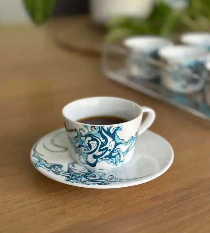 Contemporary porcelain espresso cups with Arabic calligraphy fluid art