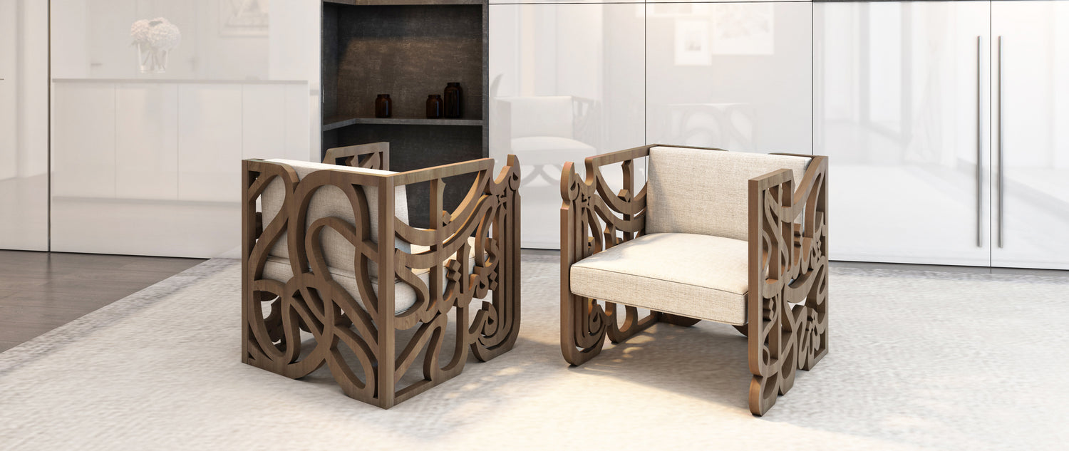 kashida's iconic amal cubic armchairs with arabic calligraphy etched into wood