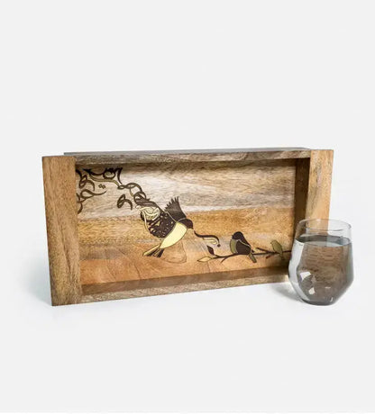 Beautiful tray featuring artwork of birds merged with Arabic calligraphy made with brass inlay and solid wood 