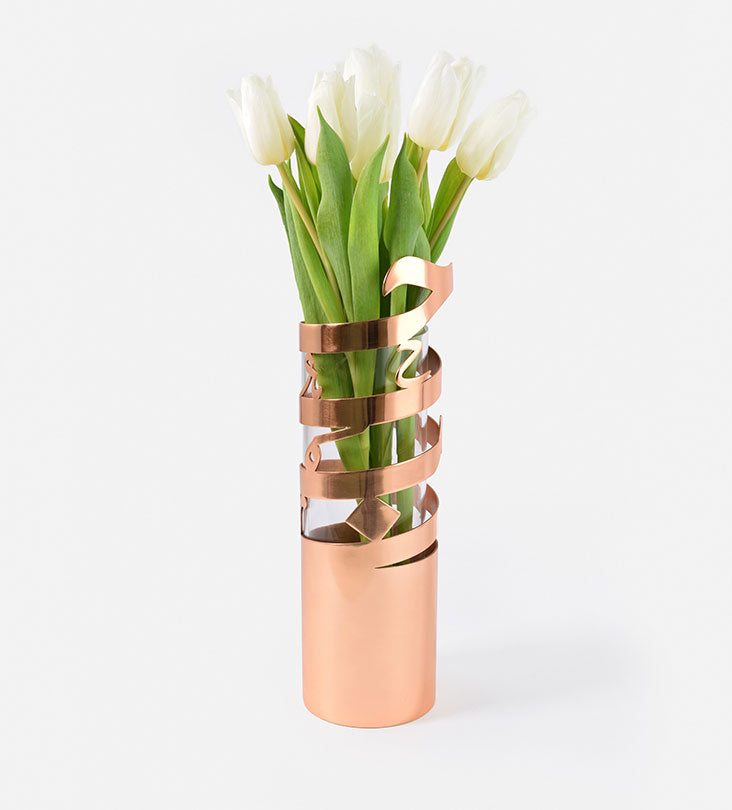Round polished metal love vase in Arabic calligraphy