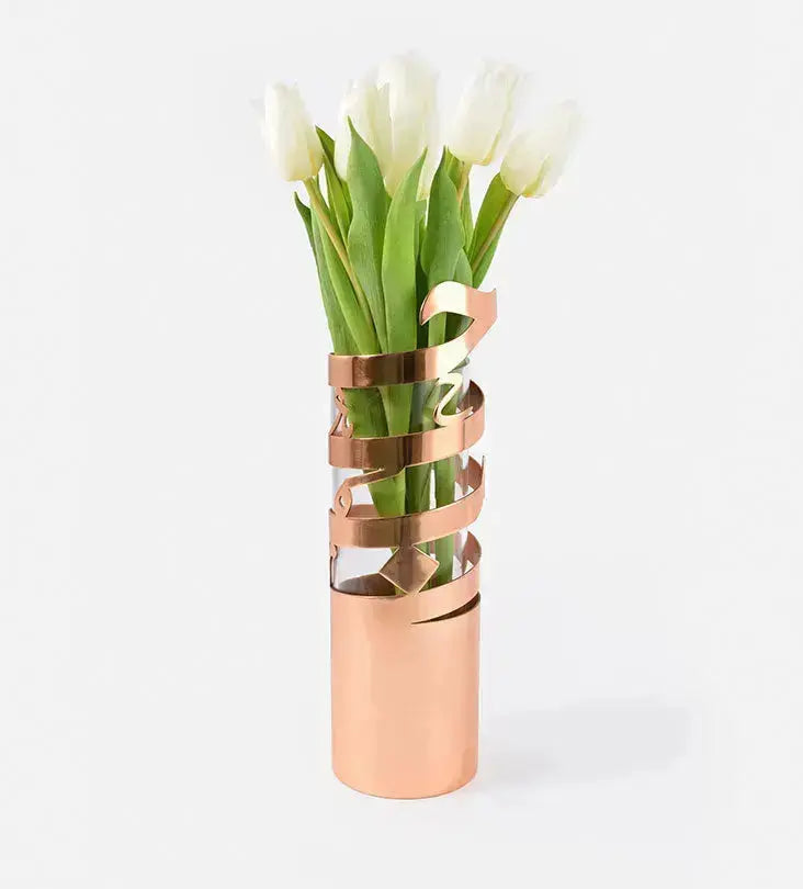 Round polished metal love vase in Arabic calligraphy
