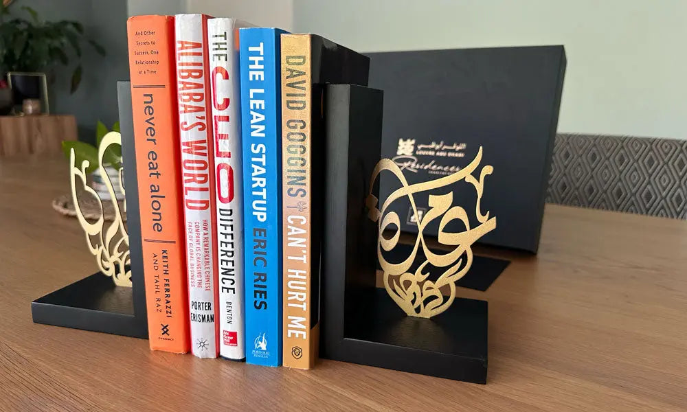 Pair of customized wooden and metal bookends designed by Kashida for Louvre Residences by Al Dar