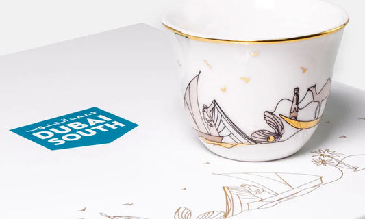 Illustrative Arabic coffee cups featuring the story of Dubai and UAE culture