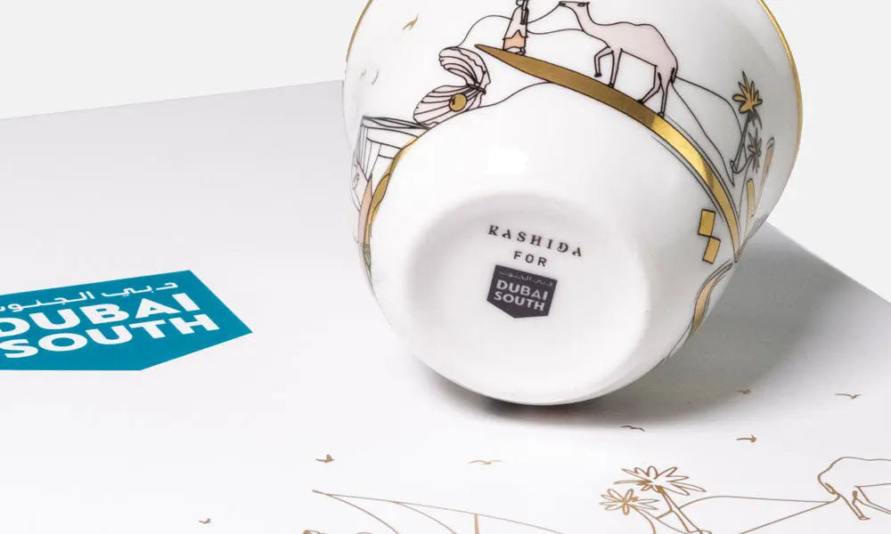 Illustrative Arabic coffee cups featuring the story of Dubai and UAE culture