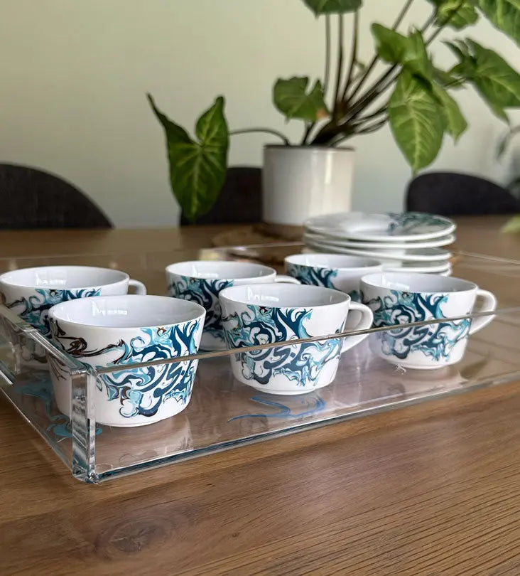 Contemporary porcelain espresso cups with Arabic calligraphy fluid art
