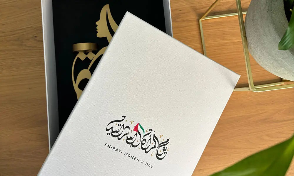 A series of luxury UAE corporate gifts designed by Kashida commemorating Emirati Women's Day