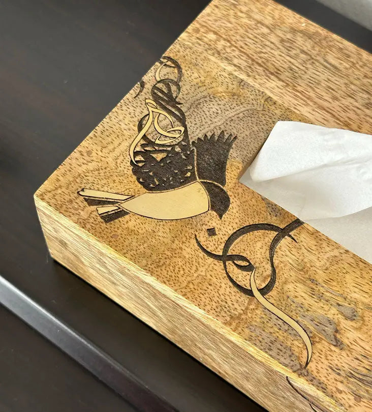 Handmade wooden tissue box featuring artwork of birds merged with Arabic calligraphy made with brass inlay
