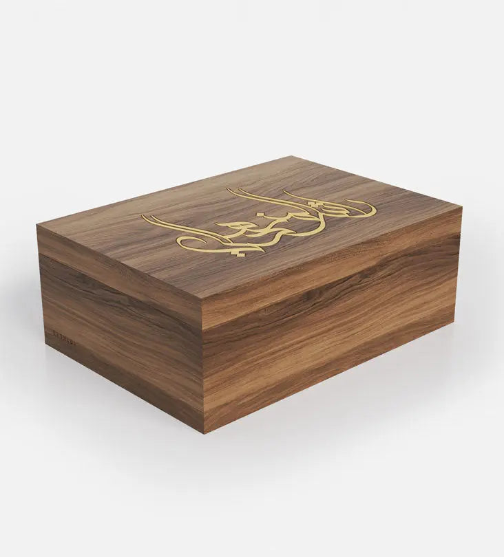 Personalized luxurious humidor in walnut and cedar wood with Arabic calligraphy names