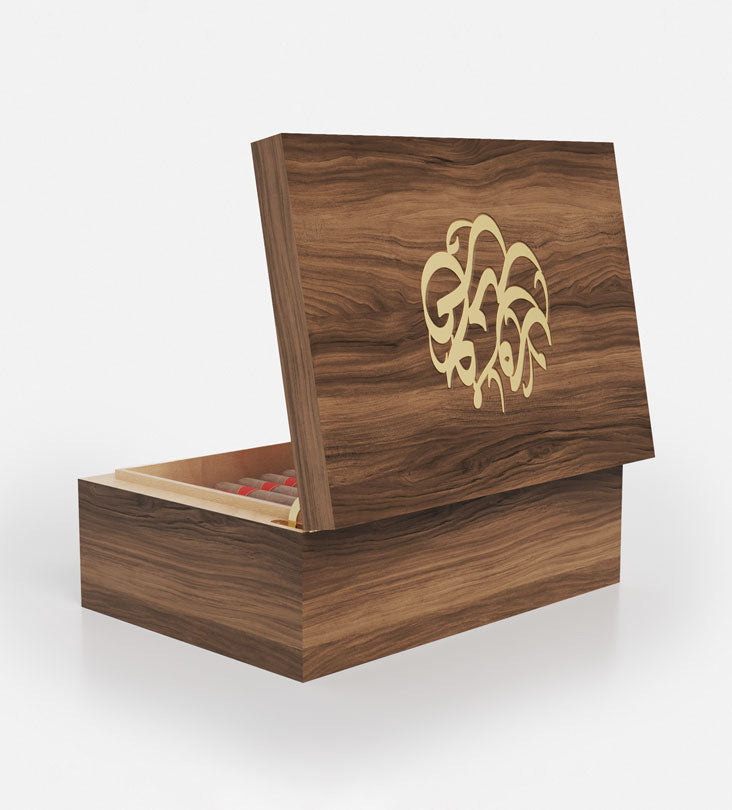 Personalized luxurious humidor in walnut and cedar wood with Arabic calligraphy names