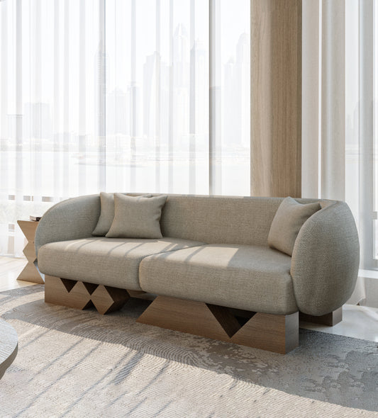 Modern majlis sofa with walnut wood and simple neutral tone upholstery from Kashida's Nuqat collection.
