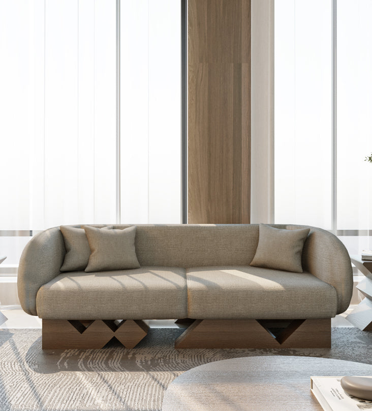 Modern majlis sofa with walnut wood and simple neutral tone upholstery from Kashida's Nuqat collection.