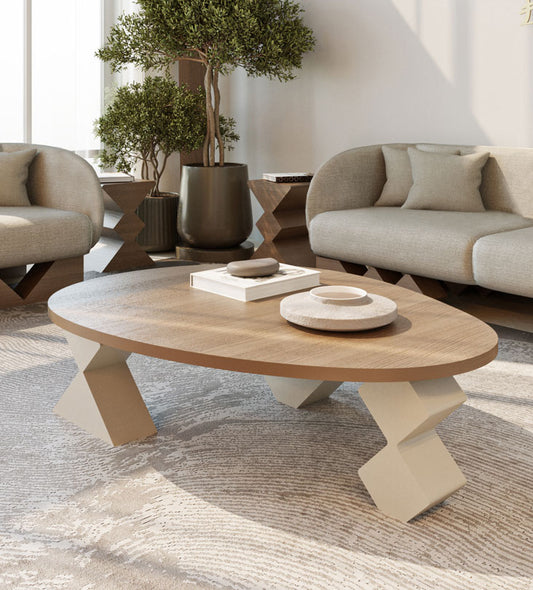 Modern and minimalist pebble-shaped wooden coffee table from Kashida design's latest collection, Nuqat.
