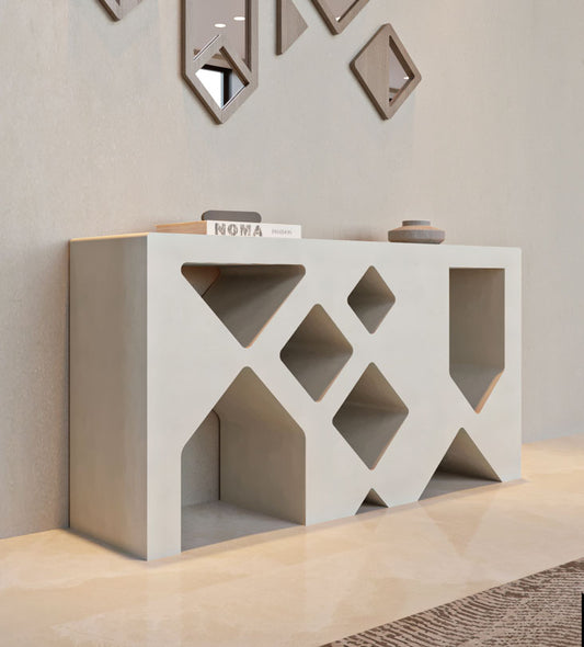 Minimalistic modern beige console table by Kashida with diamonds and triangles cut through the wood