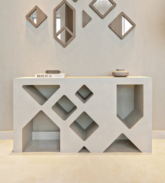 Minimalistic modern beige console table by Kashida with diamonds and triangles cut through the wood