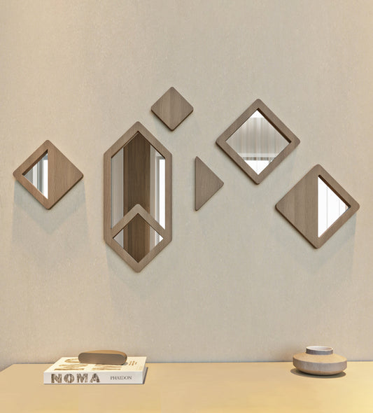 Set of small diamond shaped wooden mirrors and droplets from Kashida's latest Nuqat furniture collection