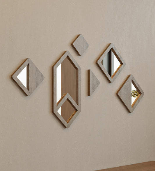 Set of small diamond shaped wooden mirrors and droplets from Kashida's latest Nuqat furniture collection