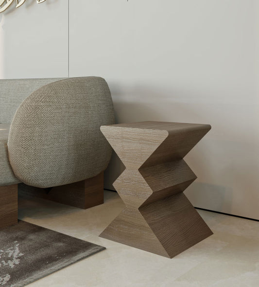 Modern wooden side table from Kashida's nuqat collection with irregular diamond-shaped structure