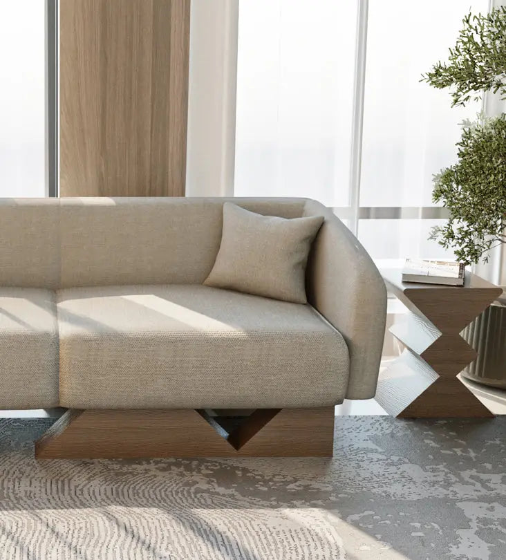 Modern wooden side table from Kashida's nuqat collection with irregular diamond-shaped structure