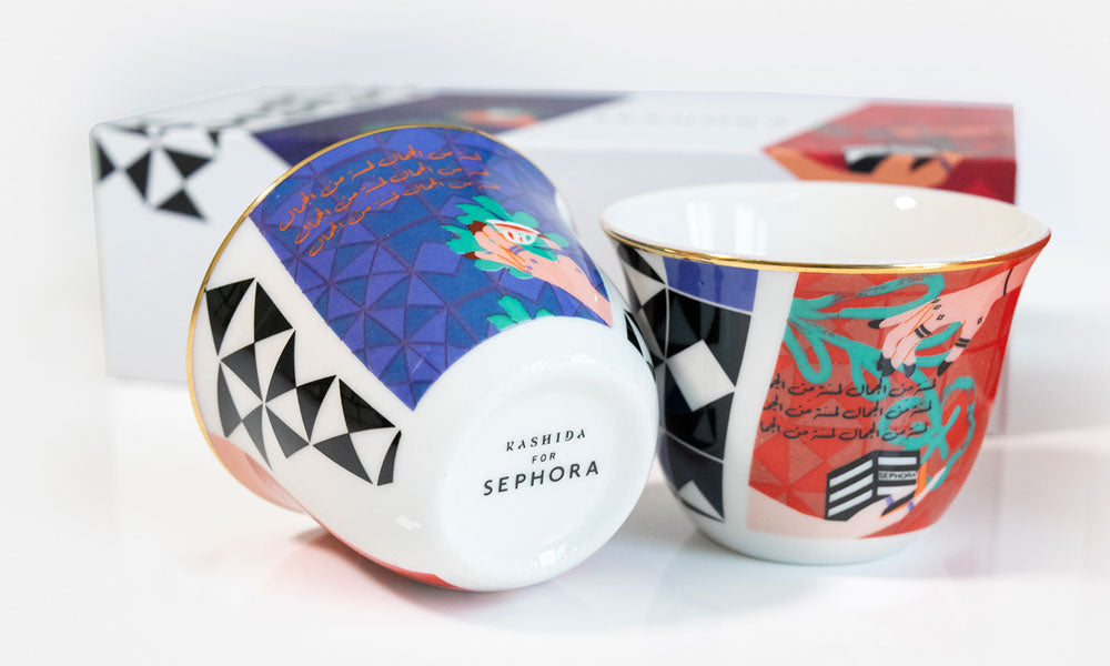 Custom made Arabic coffee cup design by Kashida for Sephora 