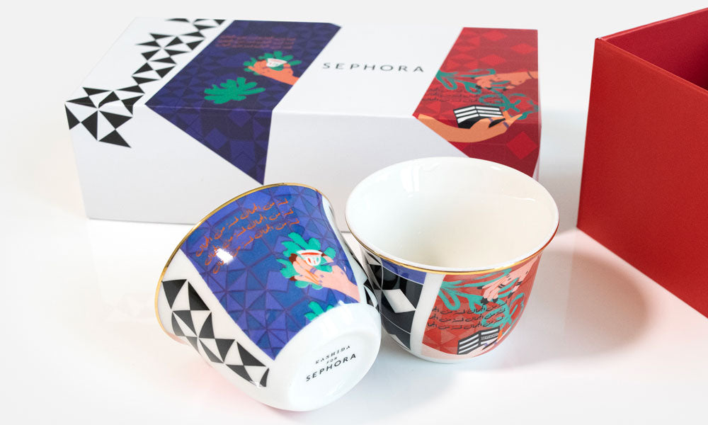 Custom made Arabic coffee cup design by Kashida for Sephora 