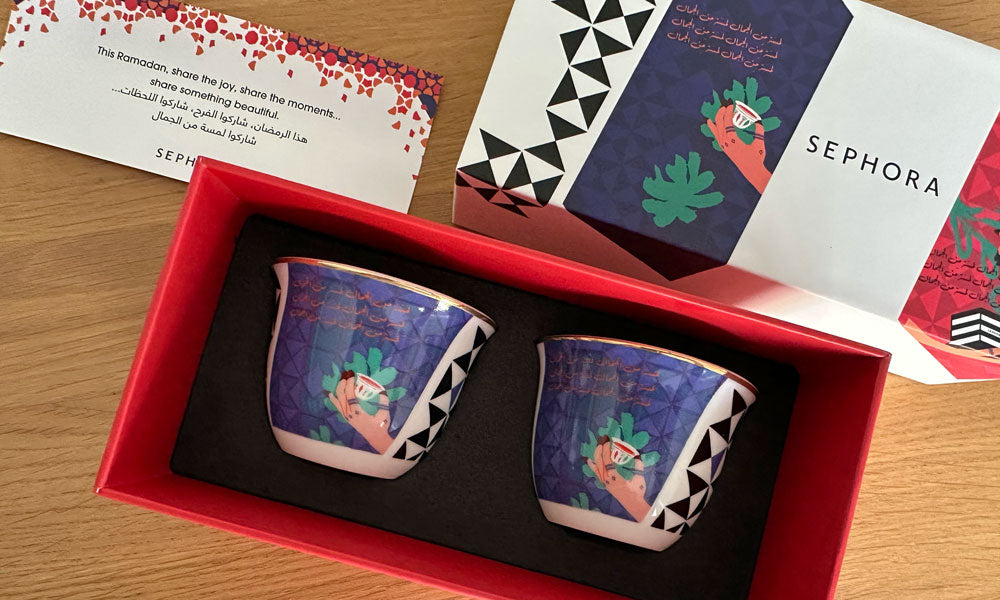 Custom made Arabic coffee cup design by Kashida for Sephora 