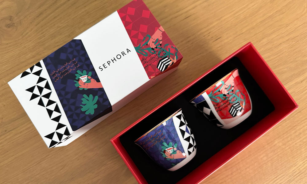 Custom made Arabic coffee cup design by Kashida for Sephora 
