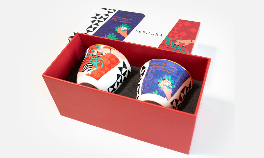 Custom made Arabic coffee cup design by Kashida for Sephora 
