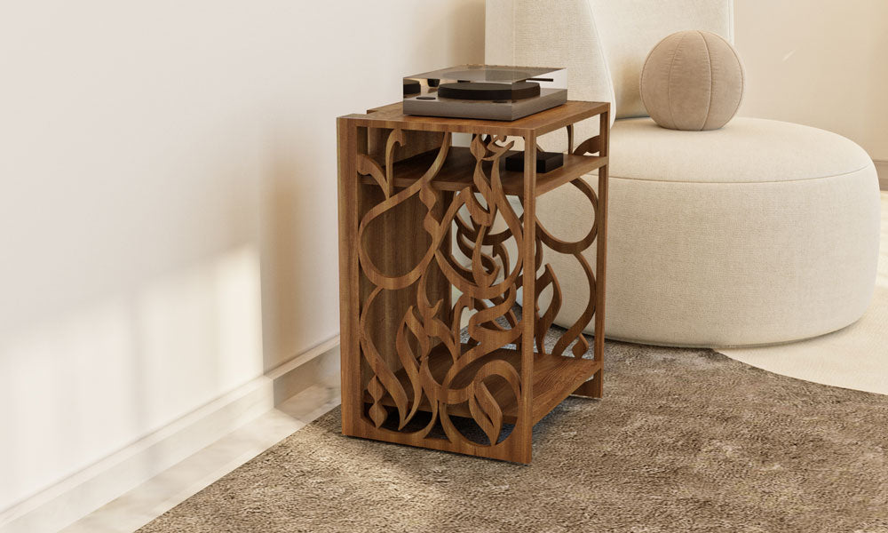Custom made wooden table designed to fit a turntable music player featuring Arabic calligraphy featuring a phrase from Um Kulthum's famous song