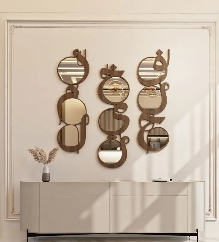 Modern contemporary wooden mirrors in Arabic calligraphy translating to hope