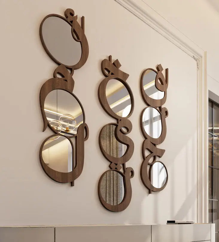 Modern contemporary wooden mirrors in Arabic calligraphy translating to hope
